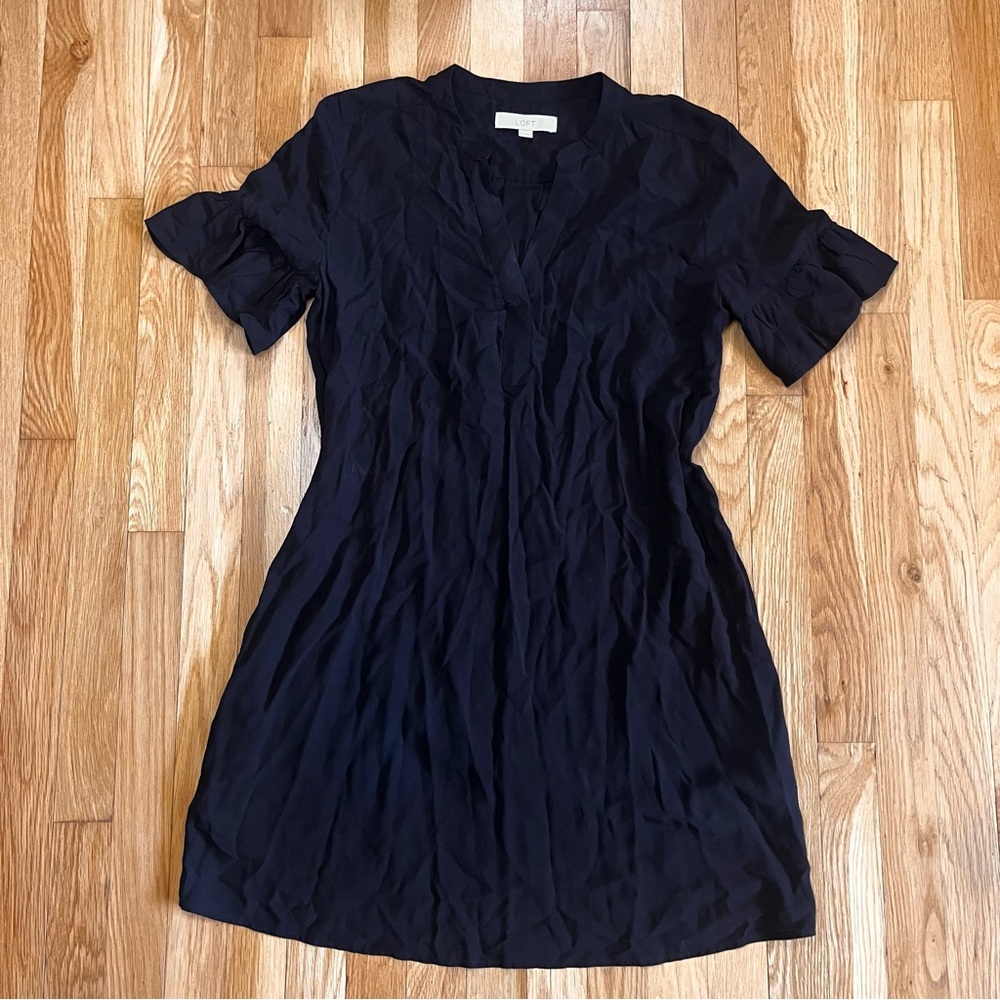 LOFT Blue Pleated Sheath Dress with Puff Sleeves